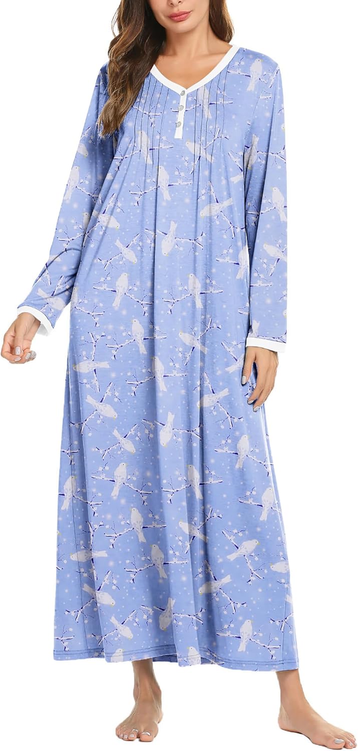 Ekouaer Women's Long Sleeve Nightgown Full Length Sleepwear Long Sleepshirts Henley Sleep Dress S-4XL