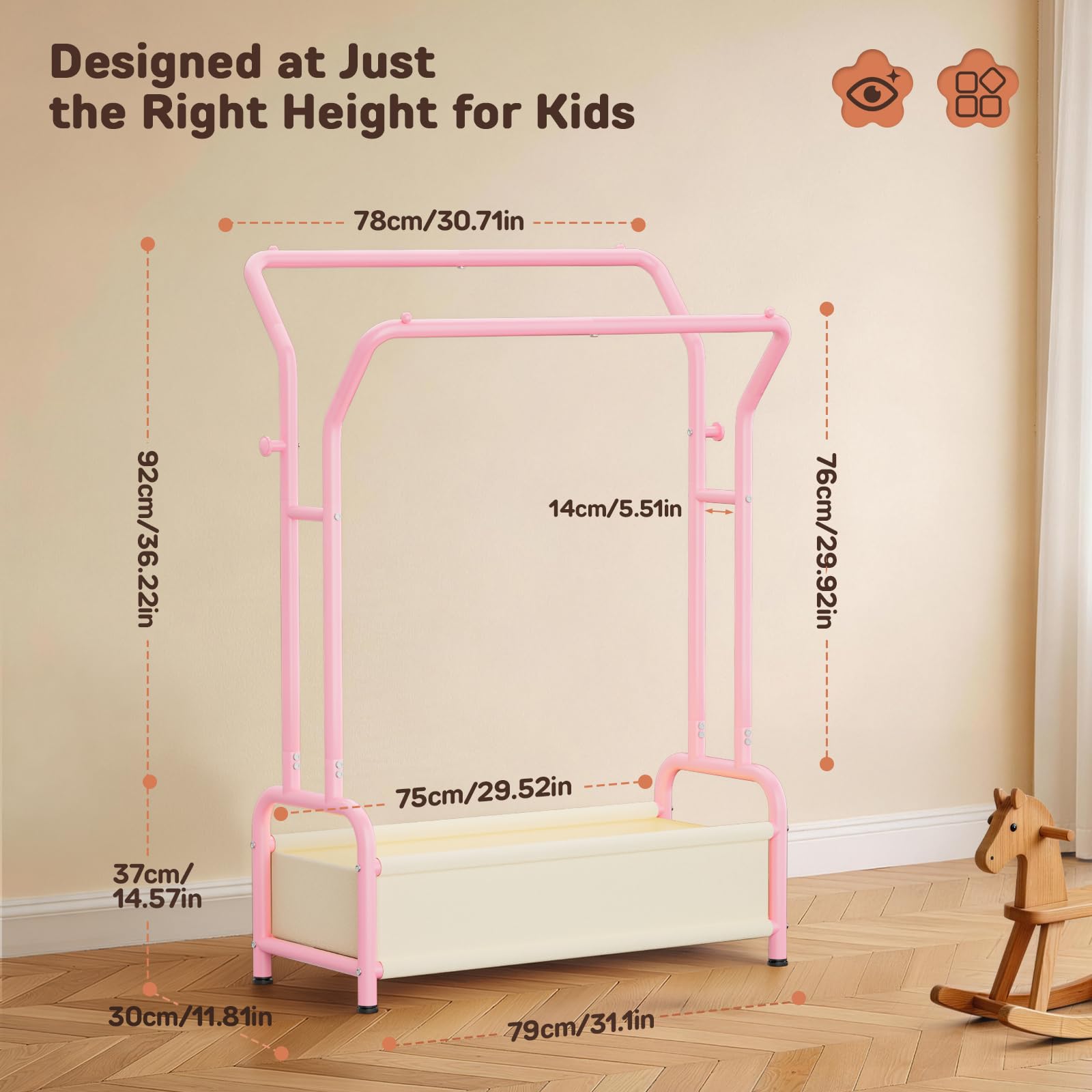 Portant à vêtements pour enfants avec double tringle et panier de rangement : espace de rangement amélioré – Présentoir en métal – Portant à vêtements pour bébés, armoire pour enfants