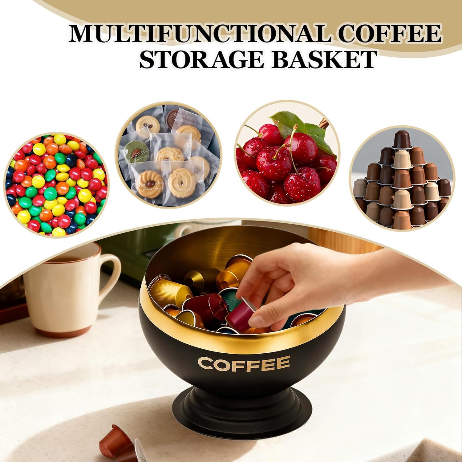 Coffee Pod Holder - Large Capacity Black & Gold Metal Coffee Pod Storage, Capsule Storage Organizer, Coffee Bar Accessories for Kitchen Counter Office Desktop (Black+Gold-7.1in/18cm)