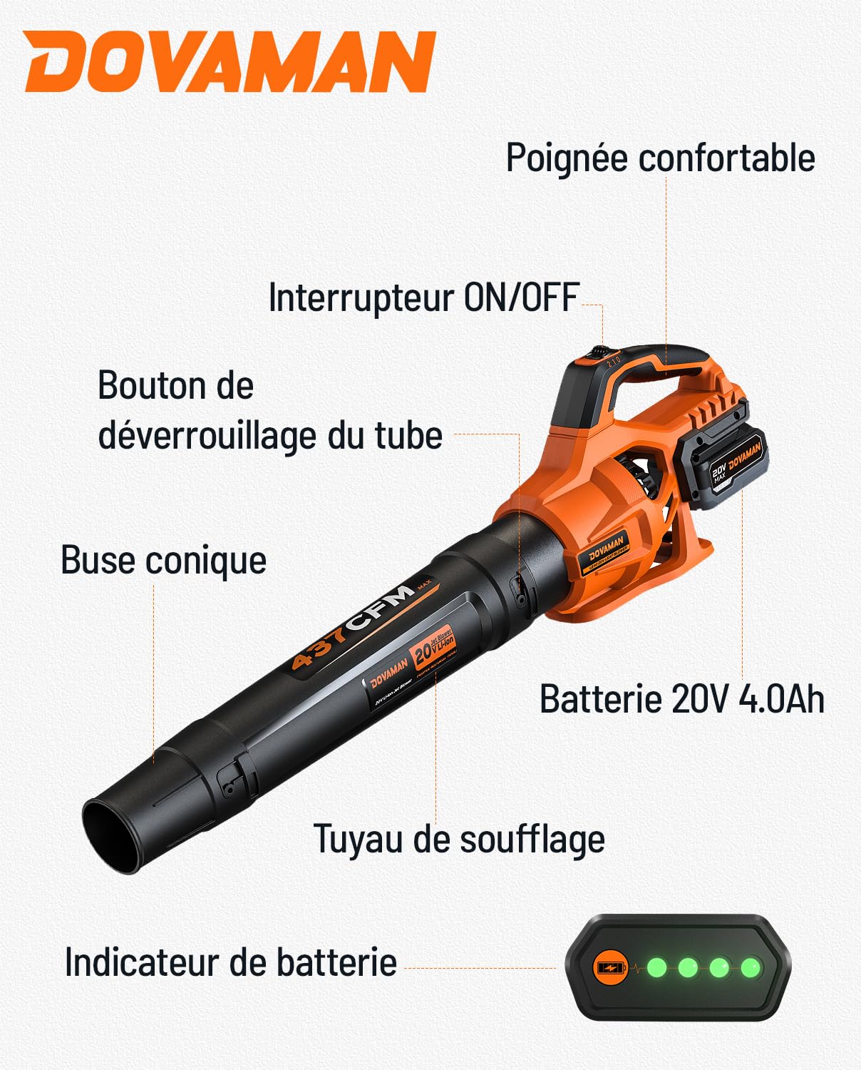 DOVAMAN Souffleur de Feuilles sans Fil, Léger et Facile à Contrôler, 20V avec 2 Vitesses, Jusqu’à 162 km/h et 437 CFM, pour Jardin, Terrasse et Entretien Extérieur