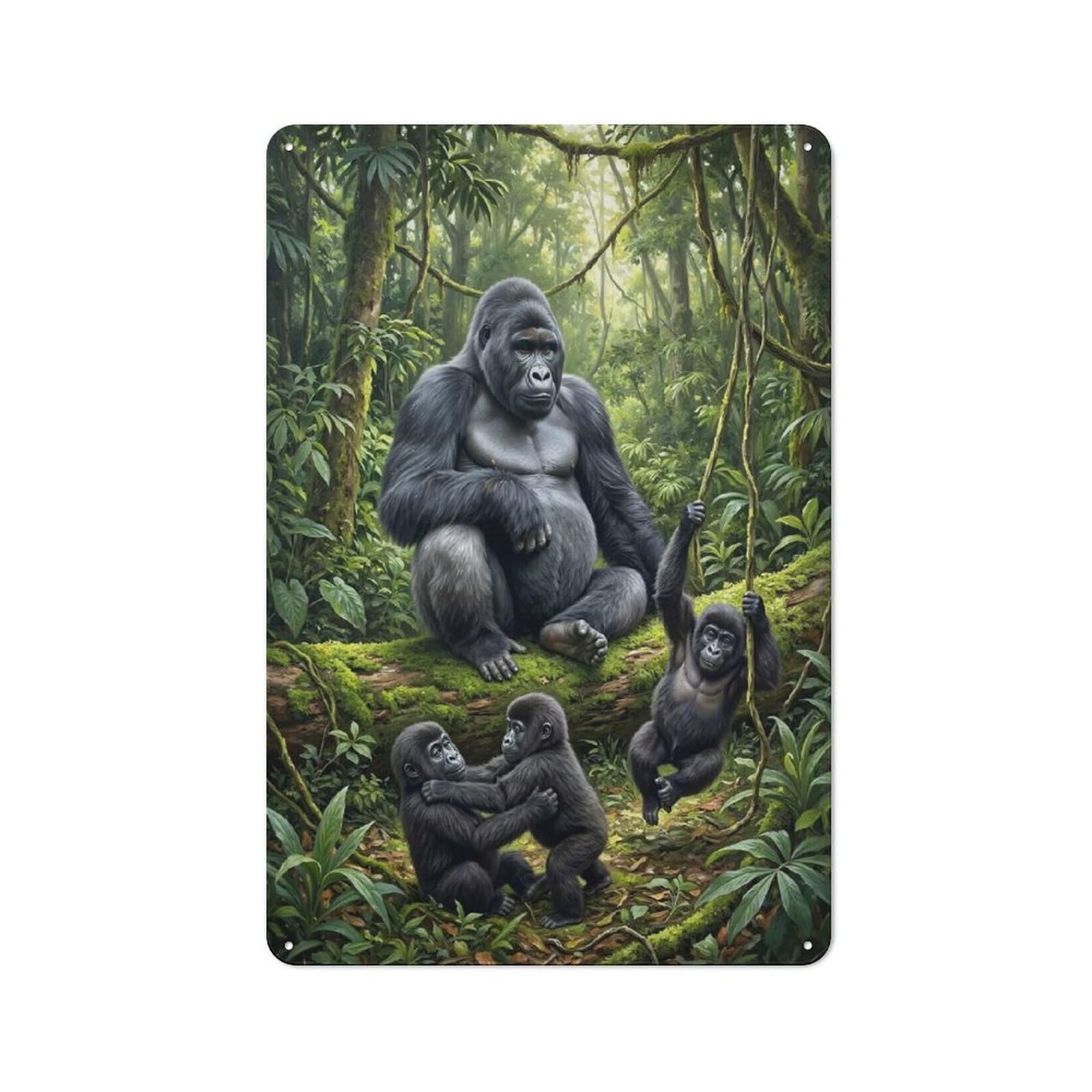 Junmoney Style-15 Gorilla Family In Lush Jungle Rustic Metal Sign 30X20cm For Café Or Home Bar, Suited To Home Bar Enthusiasts, For Retro Home Interiors