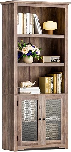 Naice Estantería de 70 pulgadas de alto, estante con 5 estantes con puertas de vidrio, estantes de almacenamiento ajustables de madera, muebles