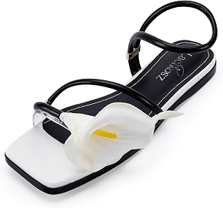 LACIKOSZ Flower Flat Sandals for Women Calla Lily Sandals | Square Open Toe Floral Strappy Slippers Summer Dressy Wedding Shoes