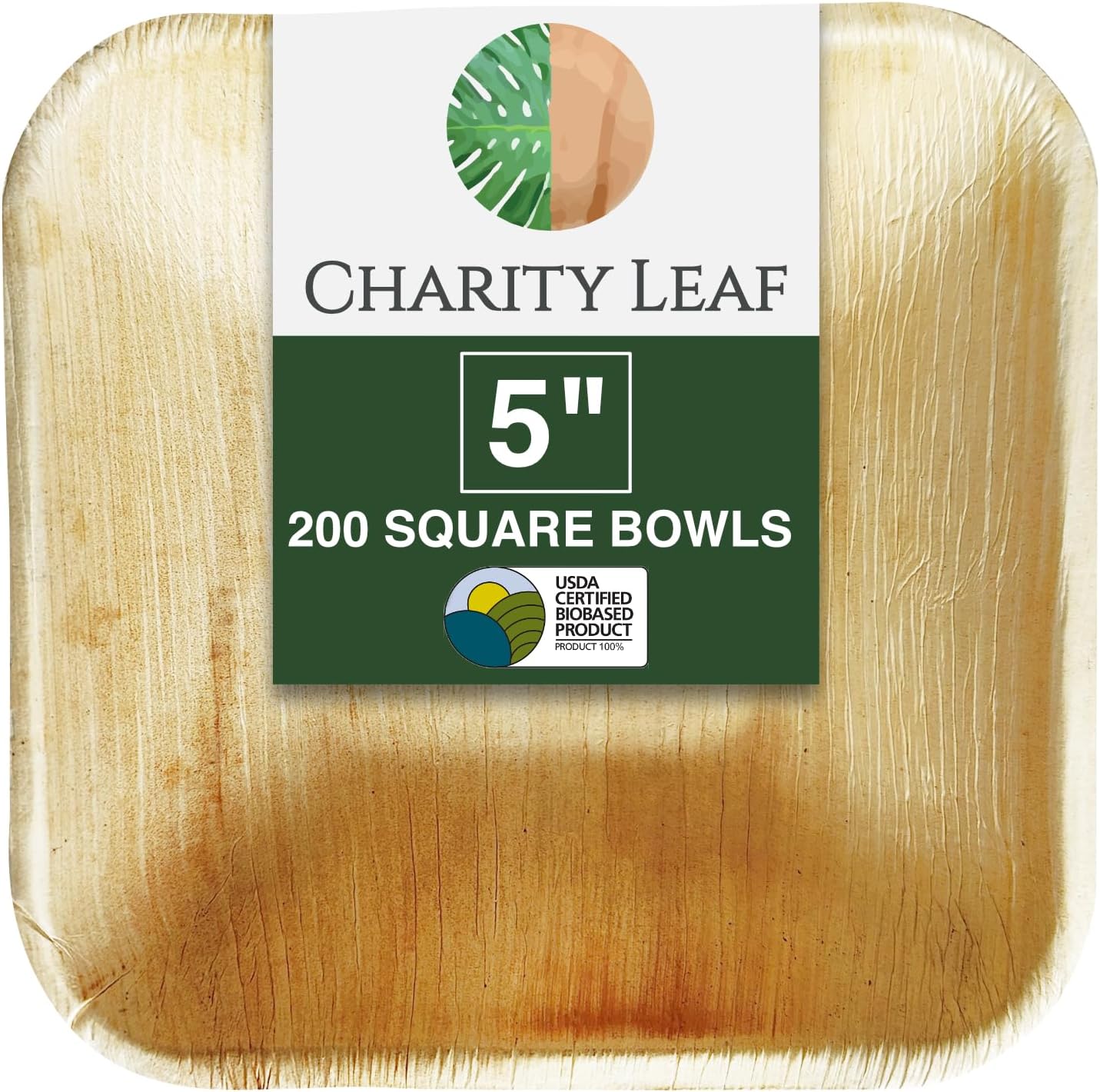 Charity Leaf Disposable Palm Leaf 5" Square Bowl (200 pcs) Dipping Bowls | Bamboo Like| All Natural and Biodegradable | Charcuterie Boards, BBQs, and Parties