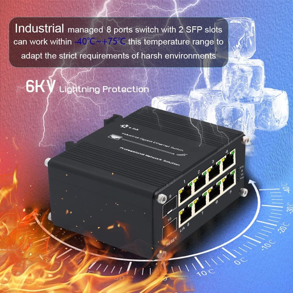 Industrial 𝟴 𝗣𝗼𝗿𝘁𝘀 𝗠𝗮𝗻𝗮𝗴𝗲𝗱 Gigabit Fiber Switch Web Management Switch with 100/1000M Adaptive 𝟮 𝗦𝗙𝗣 Slots Din Rail Small Smart Network Switch Support QOS, VLAN, IGMP 𝟭𝟮-𝟰𝟴𝗩 𝗗𝗖