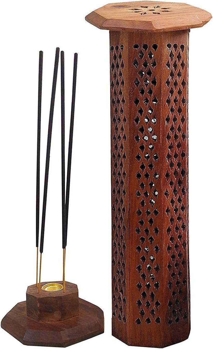 Wooden Pyramid Shape Incense Box Hoder Stand | Wooden Agarbatti Stand with ash Catcher for Home Office | Incense Sticks Holder (Tower Shape)
