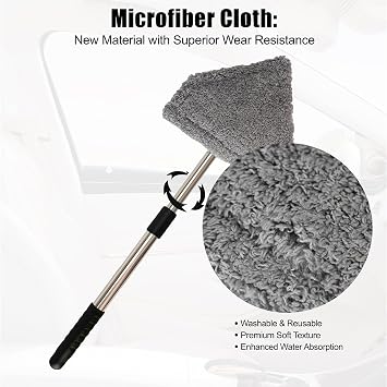 Conliwell Windshield Car Cleaning Tool, 13-16.7-inch Extendable Handle with 180-Degree Rotation and 4 Reusable Microfiber Cloth Heads, Suitable for Cleaning Car Windows Inside and Out (Black)