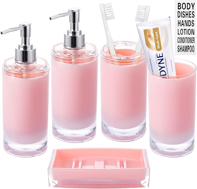 Pink Bathroom Accessories Set, 6Pcs Acrylic Soap Dispensers