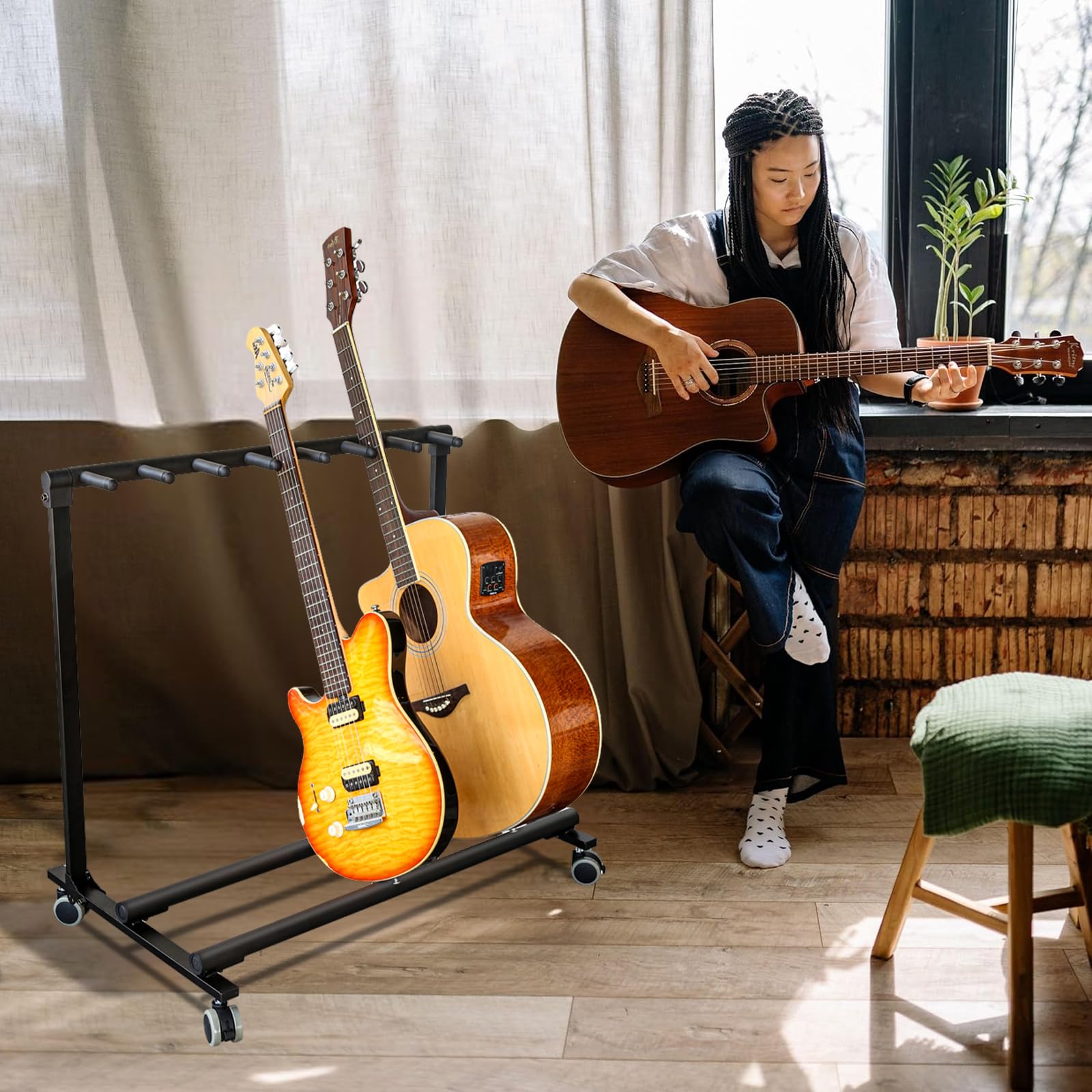 Supporto per chitarra multi con ruote, 7 supporti, pieghevole, con imbottitura in gomma antiscivolo, per casa, palco, basso, acustico, elettrico, studio