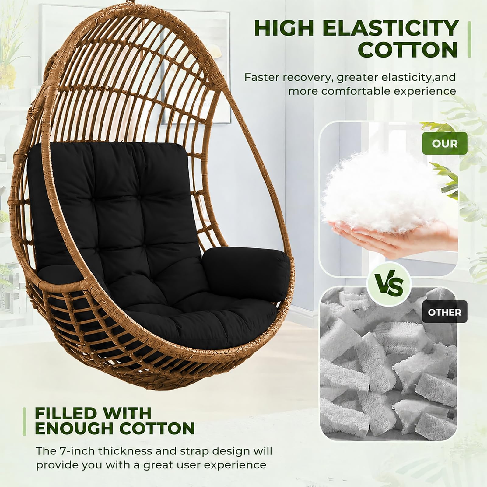 Coussin de fauteuil suspendu - Coussin épais pour balançoire suspendue et panier suspendu - Coussin de jardin lavable pour chaise à bascule - Coussin d'assise intérieur/extérieur pour
