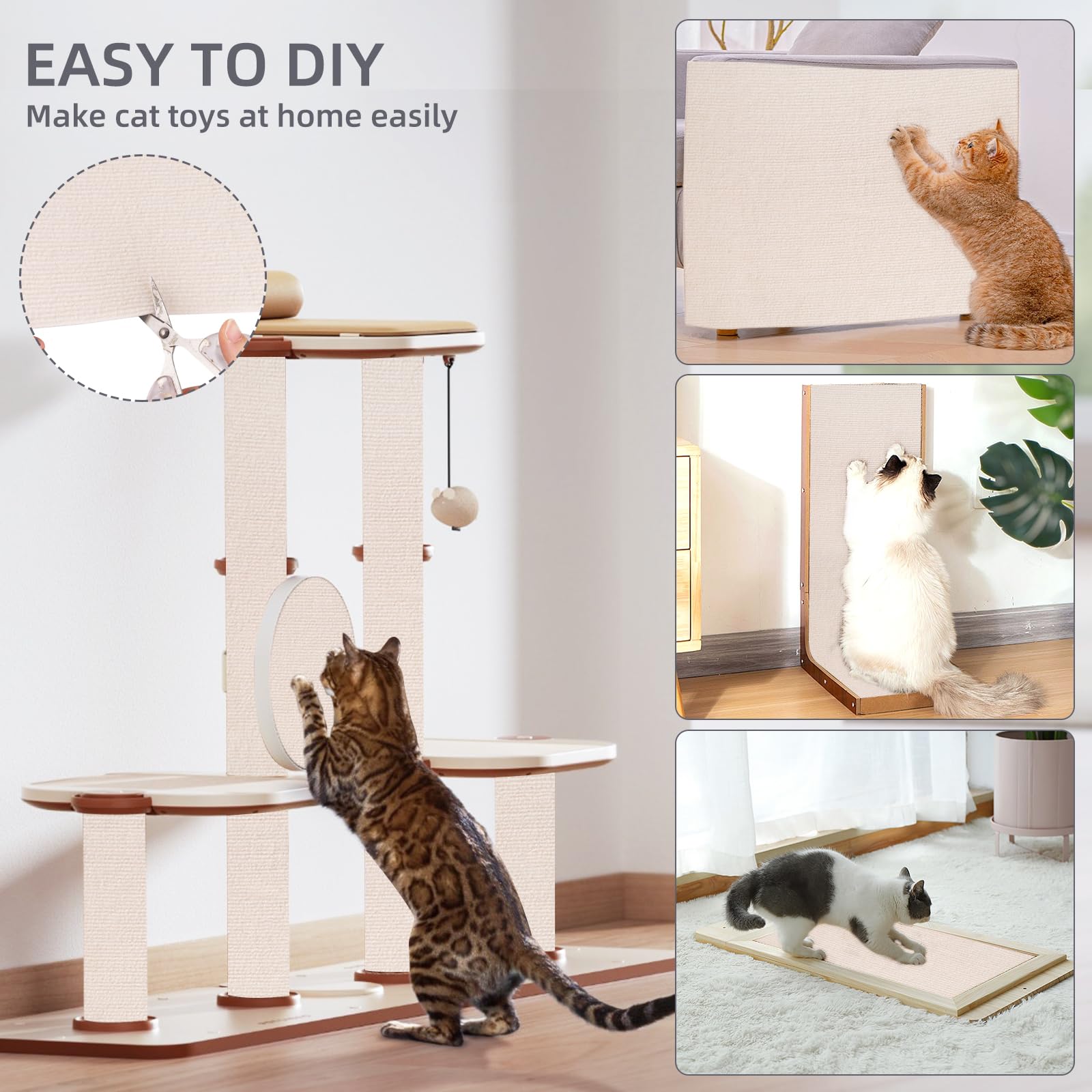 Protezione Divano Graffi Gatto: DIY Tiragraffi per Divano Tappeto Tiragraffi per Gatti Autoadesivo 200x40cm - Ideale per Divani, Mobili e Pareti, Sisal e Moquette (Beige, 40×200cm)