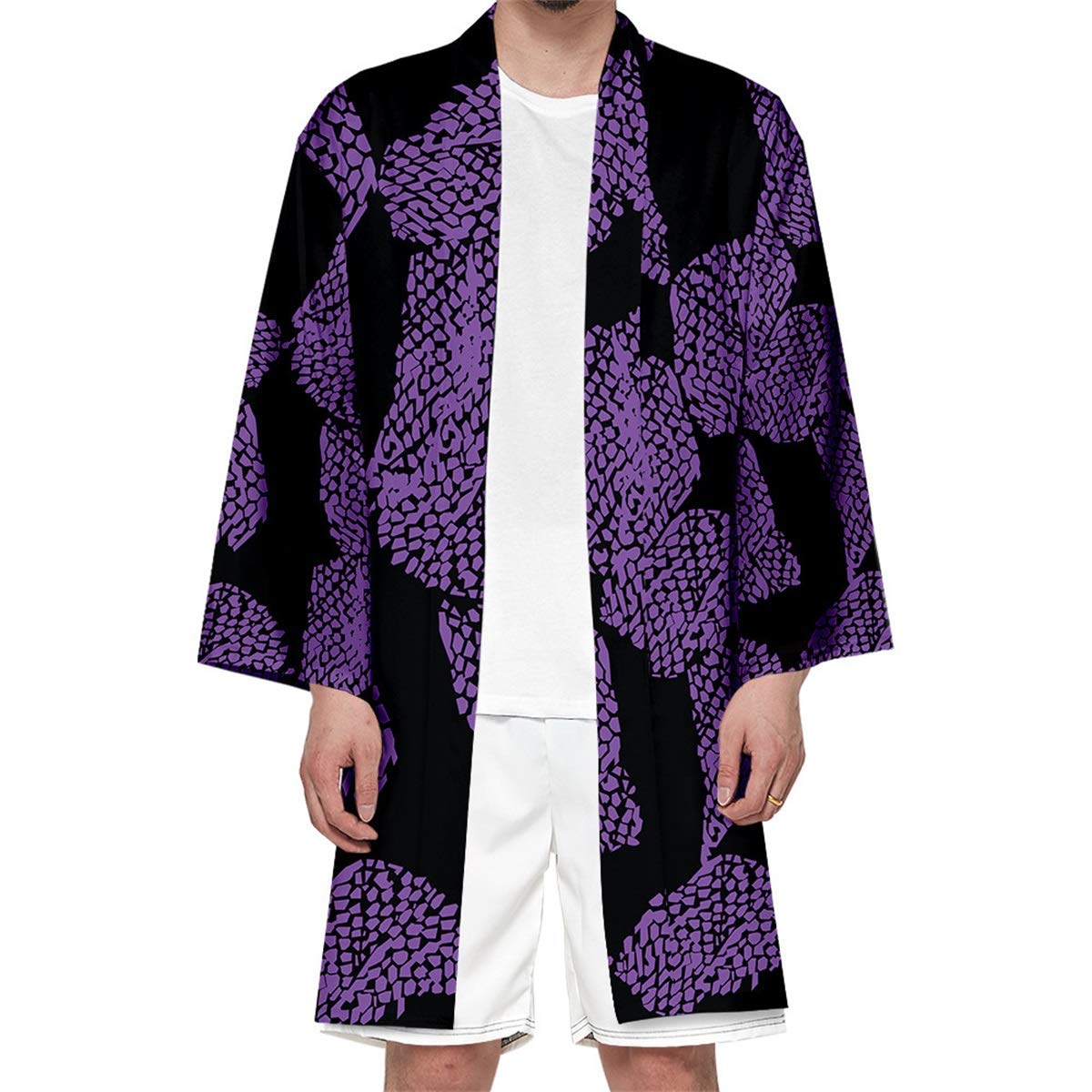 Seidarise Men's Haori, Long Kimono Cardigan Jacket Japanese Style Flying Crane Seven Sleeves Open Front Coat, D-purple, XL