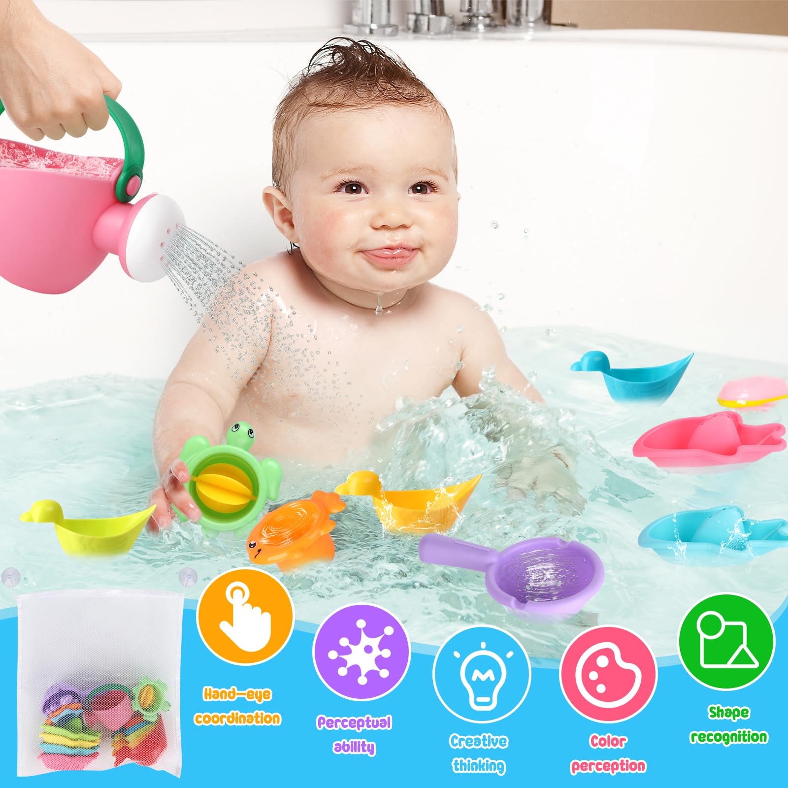Bath Toy Set, 15 Pieces Bath Toy Baby, Water Toy Children with Storage Bag, Stacking Cup Swimming Pool Toy Gift for Boys and Girls - Image 3