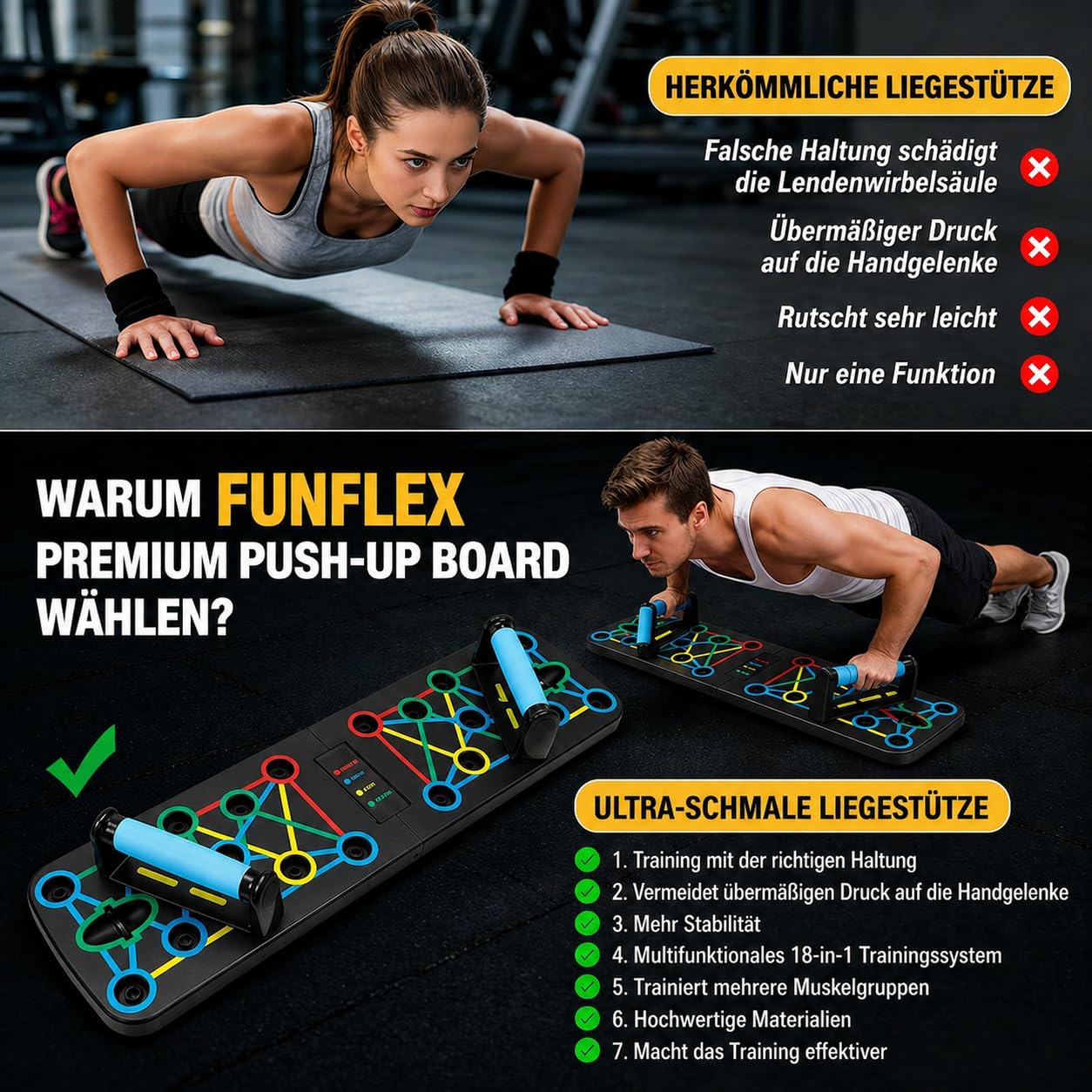 FUNFLEX Liegestützbrett 17-in-1 Push-Up Board – Faltbares Trainingsboard mit Griffen & Widerstandsbändern – Ergonomisch & Gelenkschonend – Für Home-Workout, Krafttraining & Calisthenics