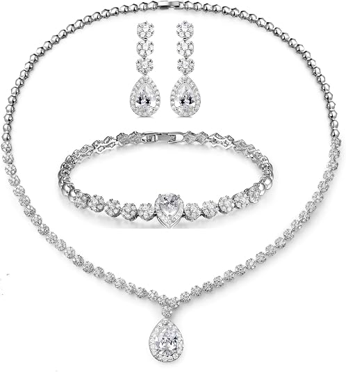 Hadskiss Women’s CZ Jewelry Set – Necklace, Dangle Earrings & Bracelet (Bridal/Wedding)