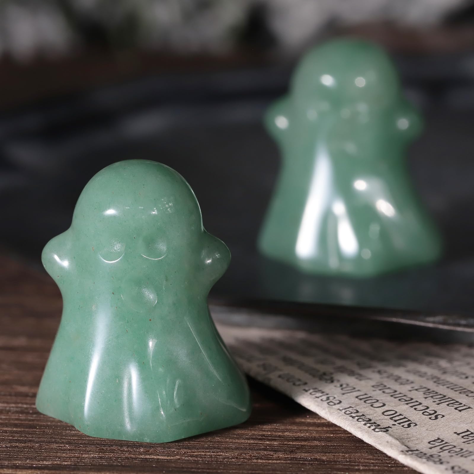 Nupuyai 2pcs Green Aventurine Crystal Stone Mini Halloween Ghost Statue Set - Image 4