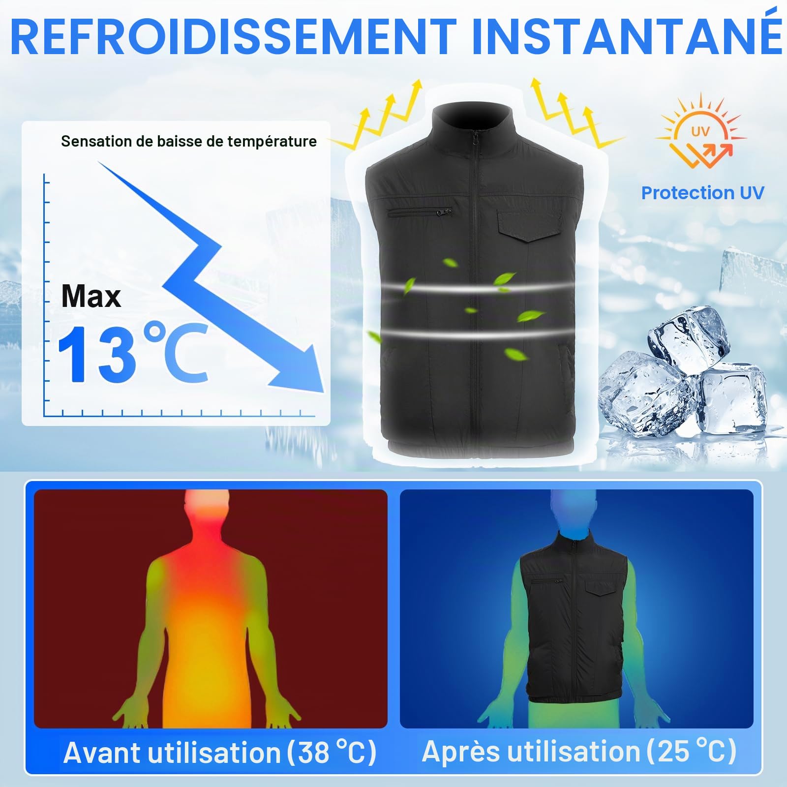 FERNIDA Gilet rafraîchissant 18 V avec batterie et 2 ventilateurs pour soulager la chaleur estivale, vêtements de climatisation respirants