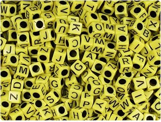BeadTin Yellow Opaque 6mm Cube Alpha Plastic Beads - Black Letter Mix (200pcs)