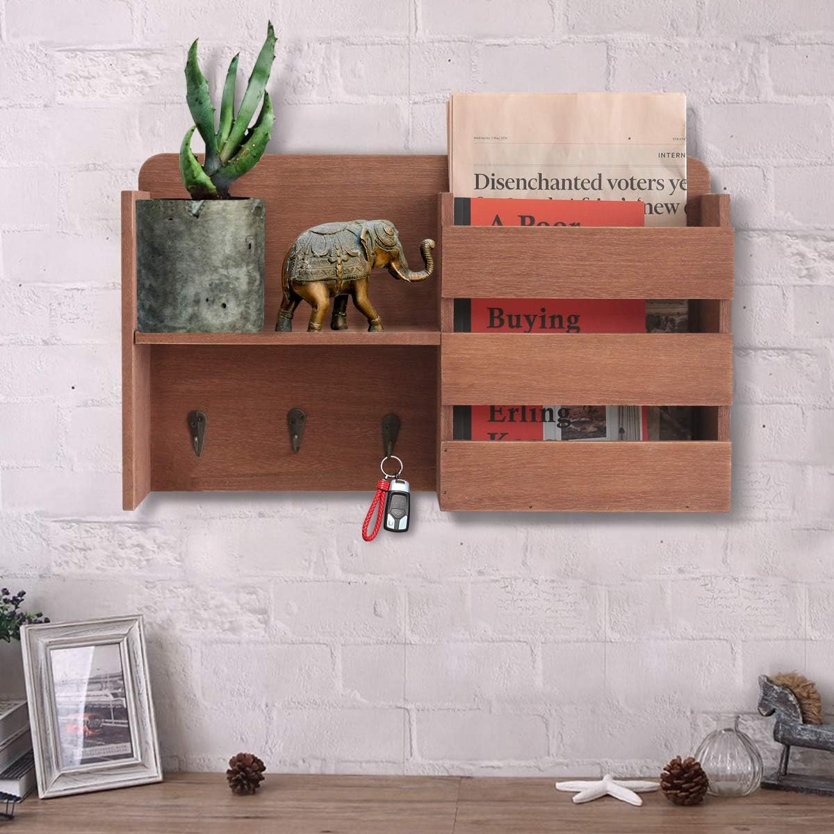 Honest Torched Wood Rustic Wall Mounted Key & Mail Holder,Organizer with 3 Key Hooks Shelf for Entryway or Mud Room Holds Documents, Bills, Letters, Keys(Light Cherry)