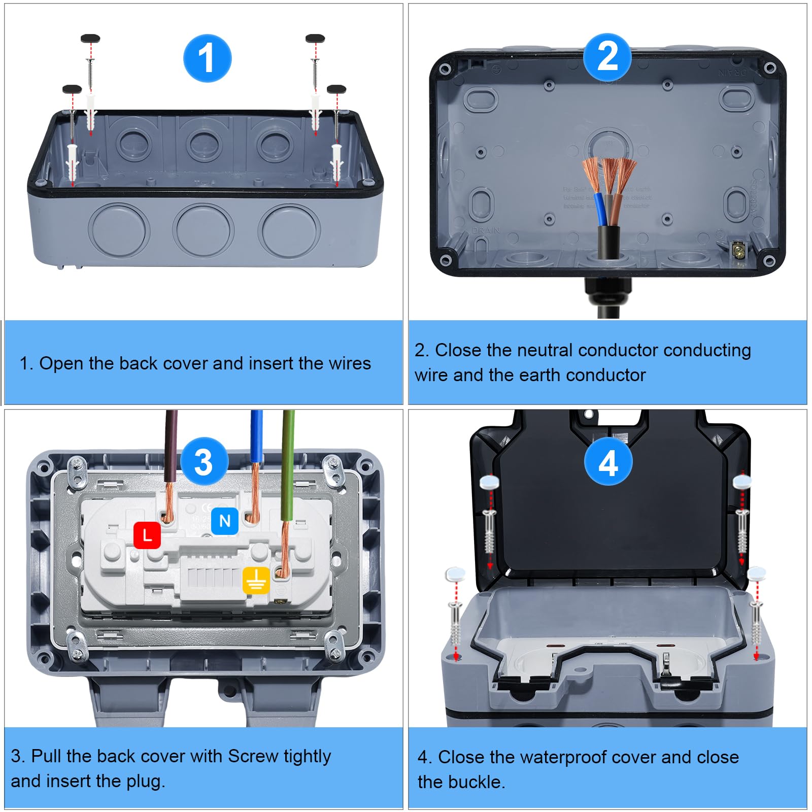 Enchufe Estanco Exterior Impermeable, Toma de Corriente IP66, Doble Pared Enchufes con Interruptor, Conector de Cable y Tapa Abatible, para Cocina Baño Garaje Piscina y Jardín