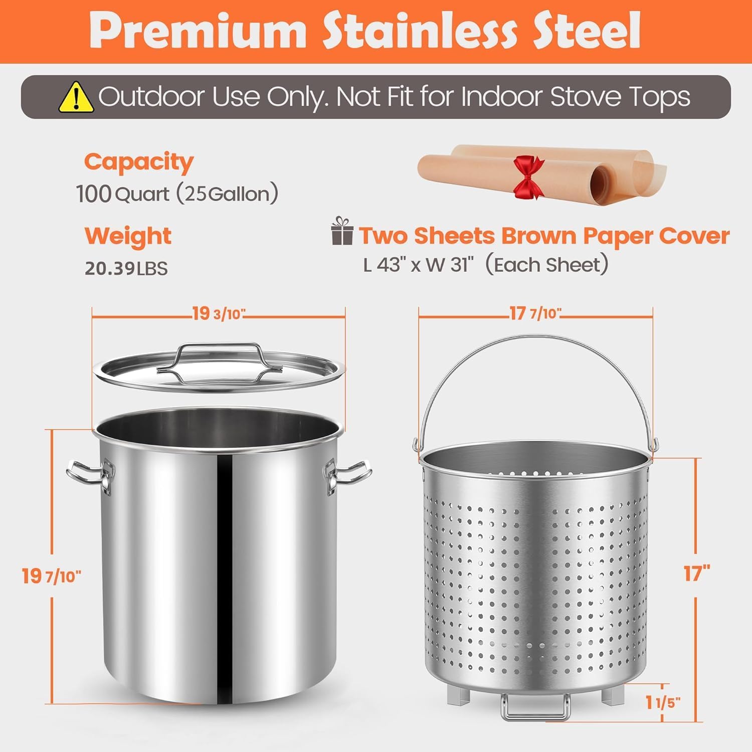 ARC 100-Quart Stainless Steel Seafood Boil Pot with Basket and 48 inch Large Mixing Paddle,Crawfish, Crab, Lobster, Shrimp Boil Stockpot with Strainer,Turkey Fryer Pot,24 Gallon (48'' Paddle, 100 QT)