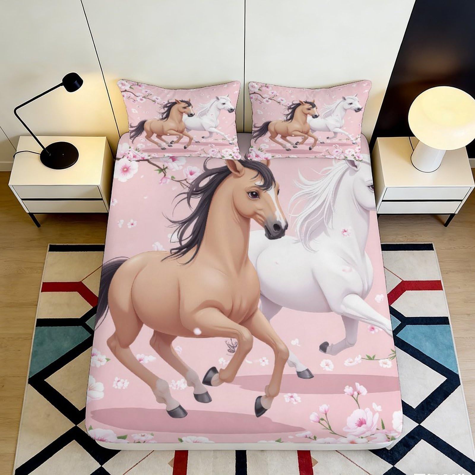 3D Printed Wild Horse Fitted Sheet Microfiber Pink Galloping Stallion Mattress Cover for Bedroom Dorm Decor 90x200x25cm