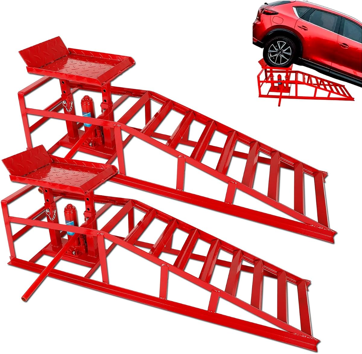 2PCS 5 Ton Hydraulic Car Ramps with Jack, Lift Height 9.8"-15", Red | Heavy-Duty Steel, Stable Lifting, Low-Profile Vehicles, for Oil Changes, Vehicle Maintenance, Home Garages & Workshops