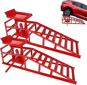 2-Pack 5 Ton Low Profile Hydraulic Car Ramps with Built-in Jack, Adjustable Vehicle Lift Service Ramps, 9.8" to 15" Height Range, Heavy Duty Steel Ramps for Oil Changes, SUVs & Light Trucks