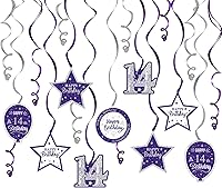 Vista 50 de Serpentinas de remolinos de cumpleaños feliz de 16 años con purpurina azul y plateada - Kit de 15 piezas de remolinos colgantes para el kit
