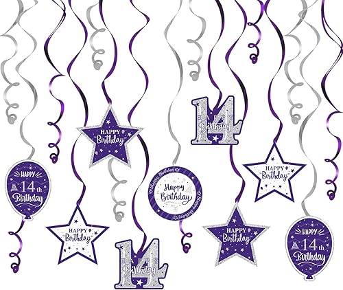 Miniatura 50 de Serpentinas de remolinos de cumpleaños feliz de 16 años con purpurina azul y plateada - Kit de 15 piezas de remolinos colgantes para el kit