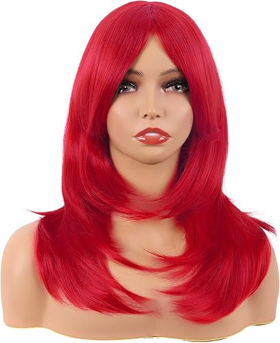 MapofBeauty 20 Inch Long Layered Straight Shoulder Length Wig, Bright Red | Side Bangs, 50 cm Wig, Synthetic fiber, Daily Use