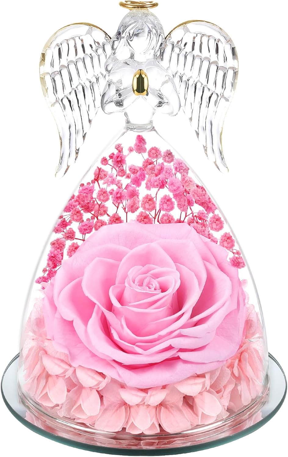 Valentines Day Rose Gifts for Her Women Mom Birthday Flowers for Delivery Preserved Flowers Forever Eternal Rose in Glass Angel Figurine, Valentine Gifts for Women Her Daughter Wife Girlfriend, Pink