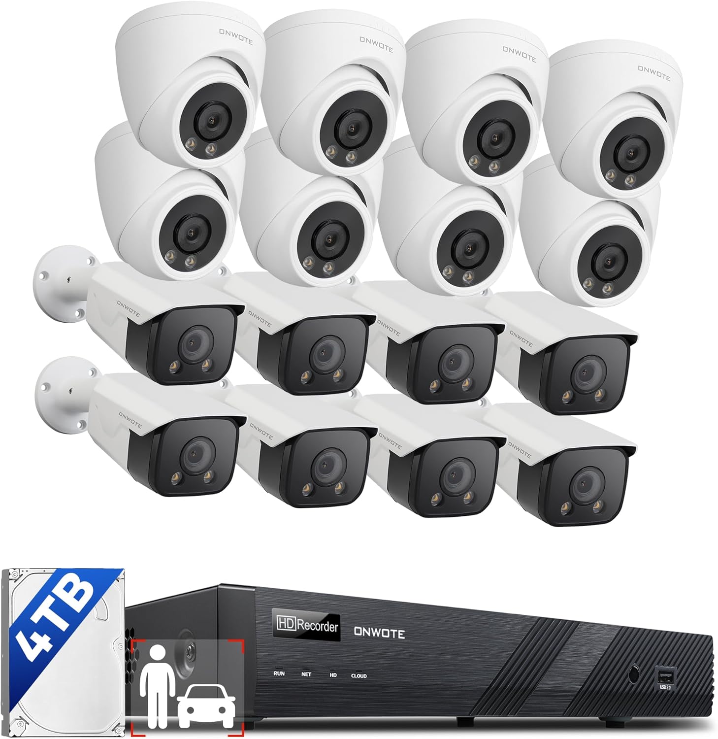 ONWOTE 16 Channel 4K PoE Security Camera System, AI Detection, Color Night Vision, 16x 8MP 128° Outdoor IP Cameras with Audio, 16x Cables (Total 1280ft), 16CH Commercial NVR 4TB, CCTV for Businesses