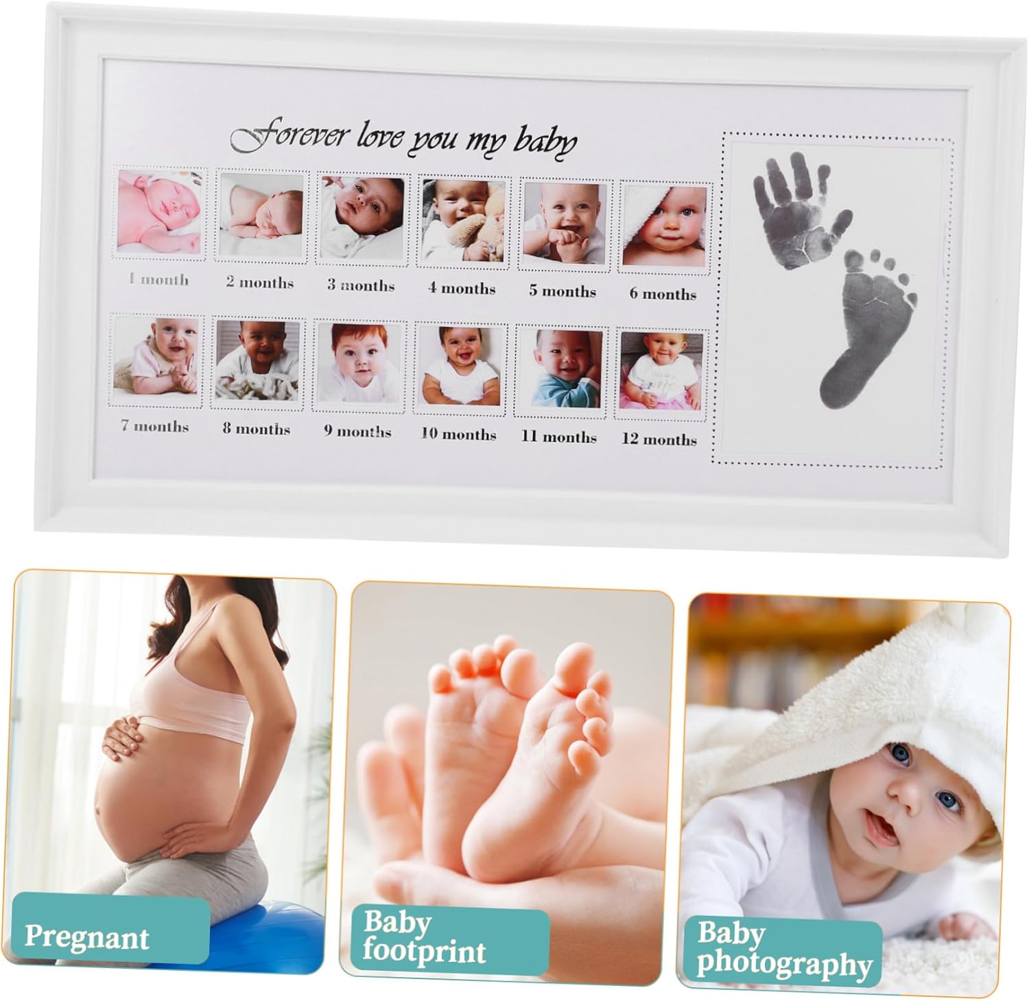 First Year Handprint and Footprint Picture Frame Keepsake for Boys and Easy to Use Growth Memory Display White Decorative Nursery Wall and Table Frame