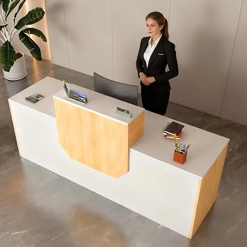 Reception Desk with Counter,Modern Front Desk Reception Room Table with Cable Grommet and Open Storage Shelf,Checkout Counter for Corporate,Store,Beauty Salon Beige