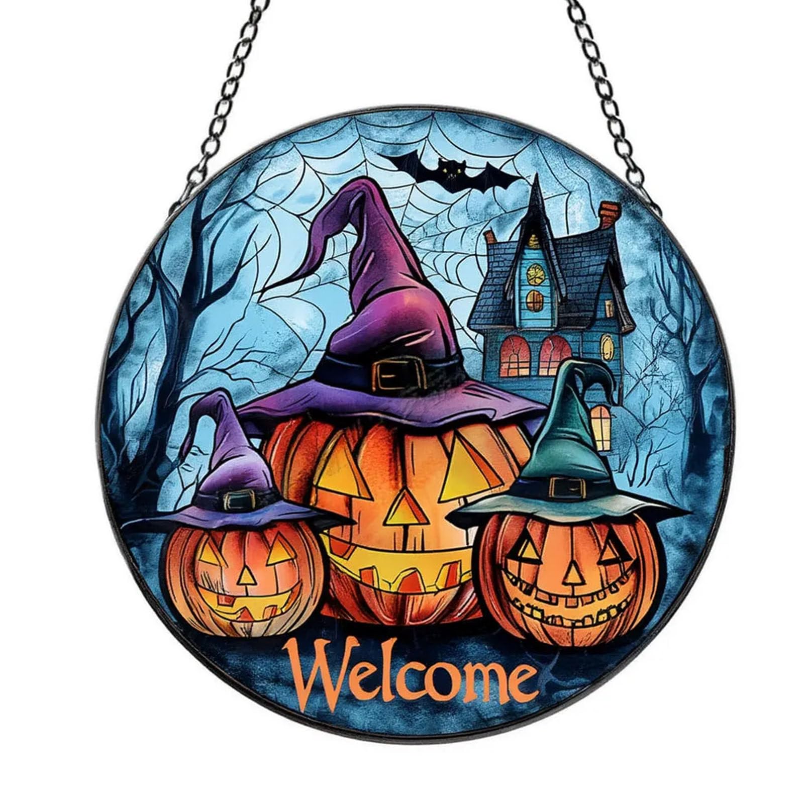 Wisząca ozdoba okienna z akrylu, okrągła zawieszka na Halloween, dwustronna dekoracja z motywem ducha i nawiedzonego domu – do domu, ogrodu oraz na imprezy Q-23CM