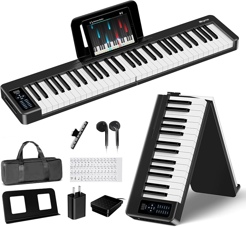 Folding Piano Keyboard, 61 Keys Sensitive Electric Piano, Weighted Portable Electric Keyboards with Bluetooth MIDI, Digital Foldable Keyboard for Beginner (Black)
