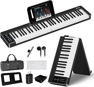 Teclado de Piano Plegable Rhymo, Teclado de Piano Eléctrico de 61 Teclas Sensibles, Teclados Eléctricos Portátiles Ponderados con Bluetooth MIDI, Teclado Digital Plegable para Principiantes