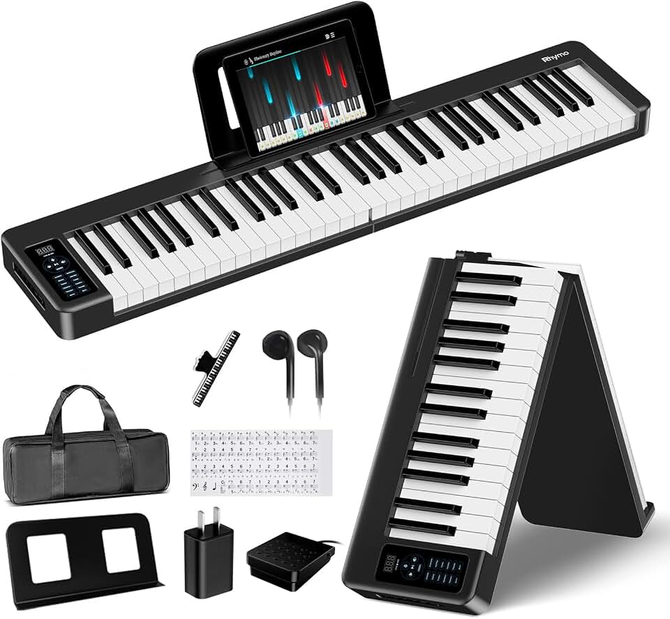 Rhymo Folding Piano Keyboard, 61 Keys Sensitive Electric Piano, Weighted Portable Electric Keyboards with Bluetooth MIDI, Digital Foldable Keyboard for Beginner (Black)
