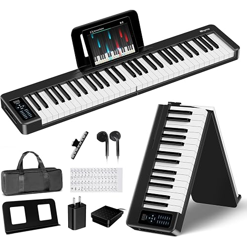 Rhymo Folding Piano Keyboard, 61 Keys Sensitive Electric Piano, Weighted Portable Electric Keyboards with Bluetooth MIDI, Digital Foldable Keyboard for Beginner (Black)