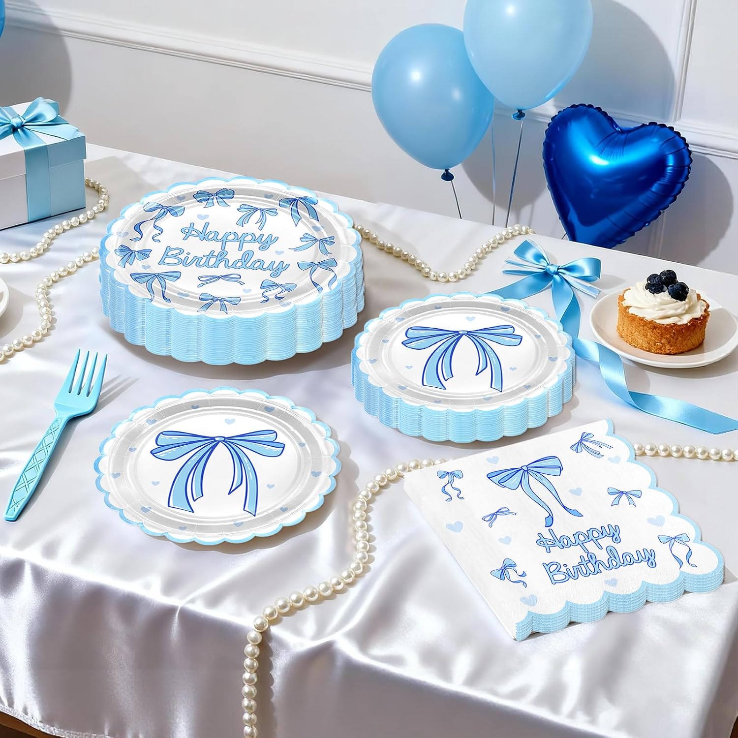 Avezano 96 PCS Blue Bow Birthday Decorations Coquette Birthday Decorations Blue Bow Plates and Napkins for Girls Women, Serves 24
