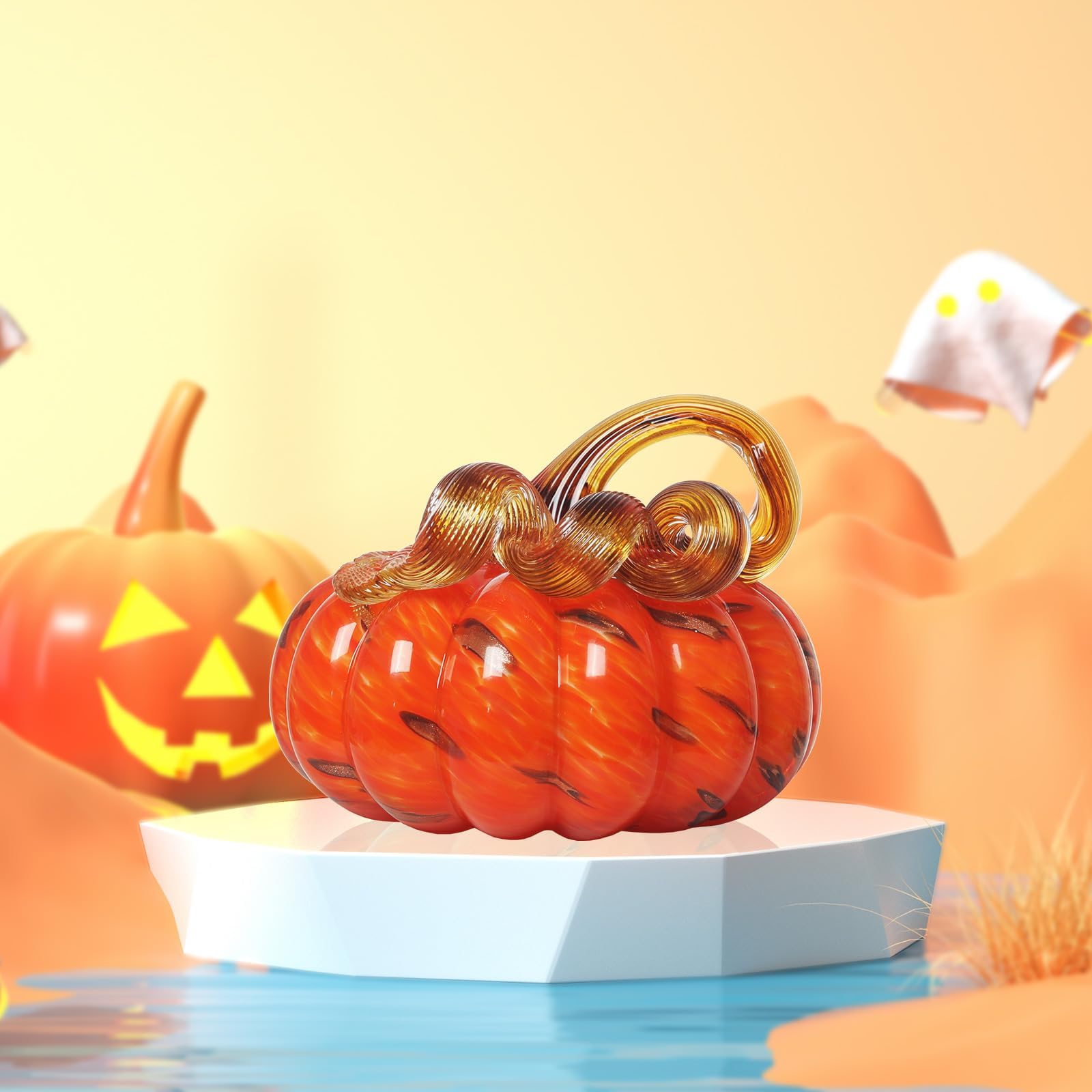 LONGWIN Hand Blown Glass Orange Pumpkin Figurines 4.9 x 3.8 Inch Crystal Fake Pumpkin Collectible Figurine Home Decorations for Tabletop Hallowee - Image 3