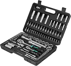 STELS Jogo De Soquetes 94 Peças Encaixe 1/4 E 1/2 Pol Em Aço Cromo Vanádio Com Catraca Reversível Emborrachada Extensões Chaves Allen E Bits Kit Completo Para Reparos Automotivos E Manutenção