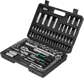 STELS Jogo De Soquetes 94 Peças Encaixe 1/4 E 1/2 Pol Em Aço Cromo Vanádio Com Catraca Reversível Emborrachada Extensões Chaves Allen E Bits Kit Completo Para Reparos Automotivos E Manutenção