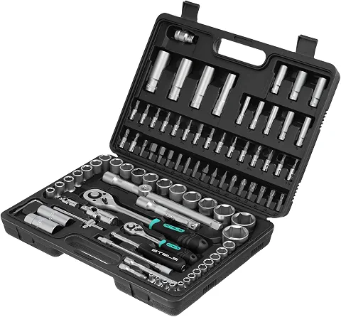 STELS Jogo De Soquetes 94 Peças Encaixe 1/4 E 1/2 Pol Em Aço Cromo Vanádio Com Catraca Reversível Emborrachada Extensões Chaves Allen E Bits Kit Completo Para Reparos Automotivos E Manutenção