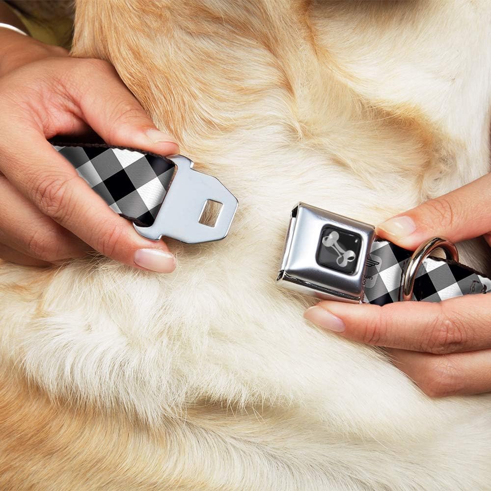 Dog Collar Seatbelt Buckle Diagonal Buffalo Plaid Black White 13 to 18 Inches 1.5 Inch Wide