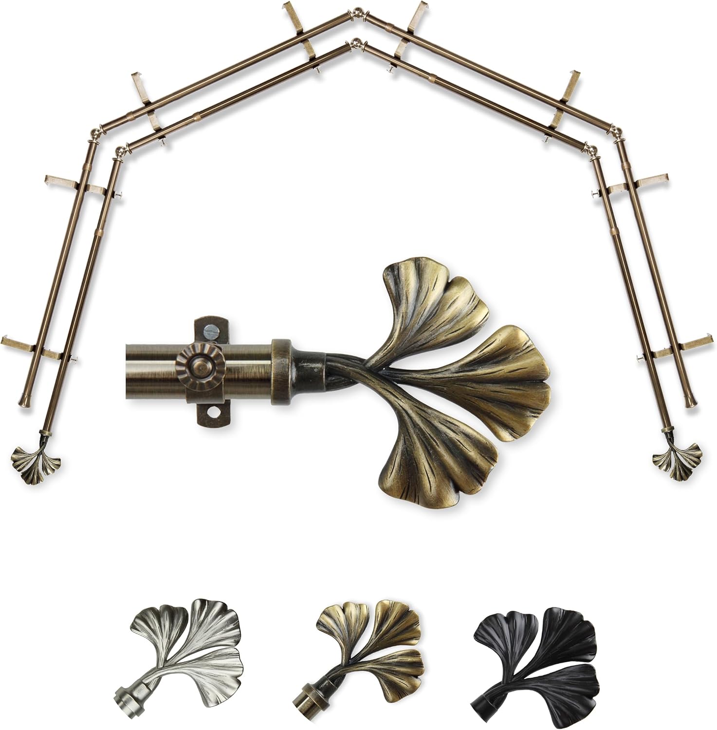 A&F Rod Décor - Clover 13/16" 4-Sided Double Bay Window Curtain Rod - Antique Brass