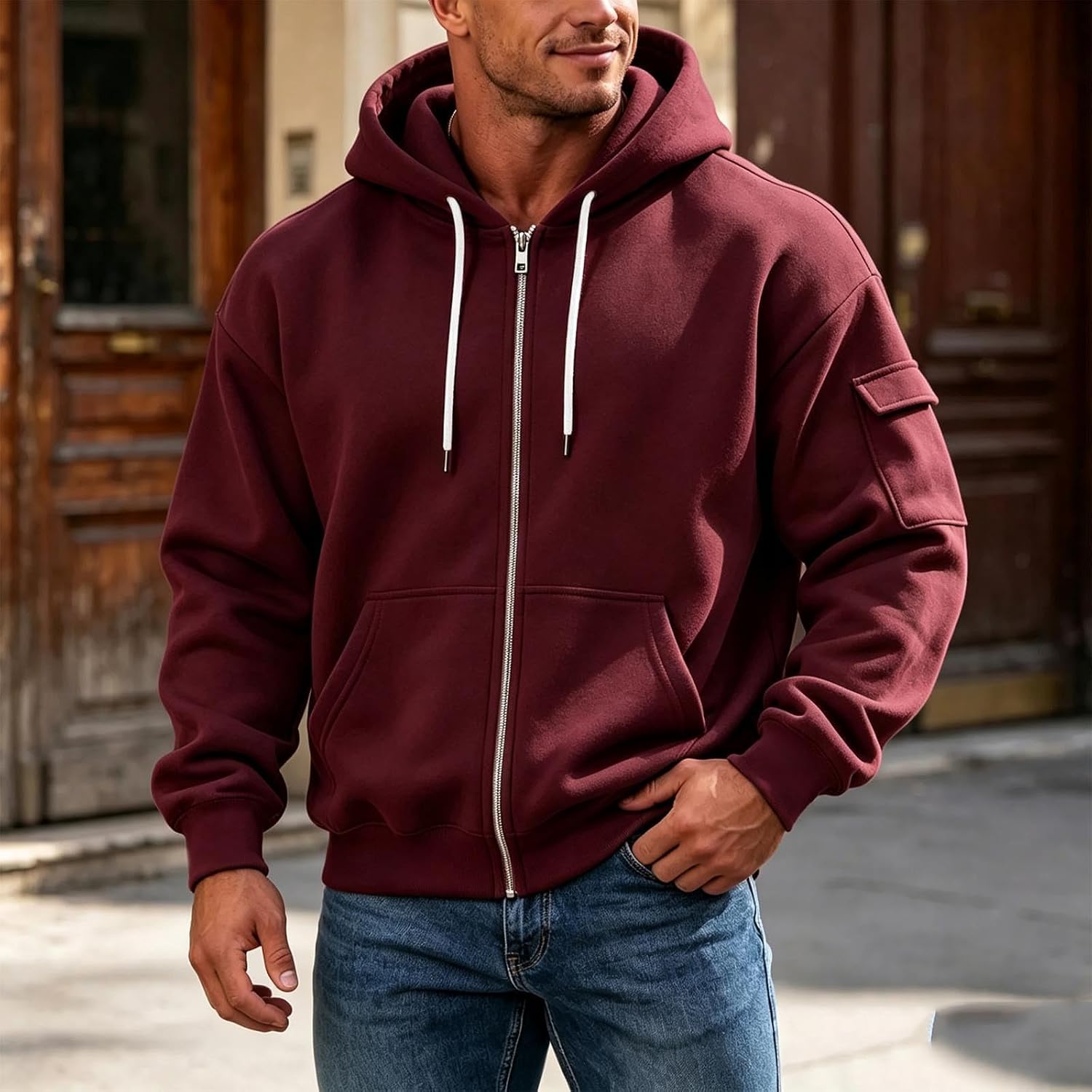 Mens Zip Up Hooded Jacket Full Zip Drawcord Long Sleeve Casual Coat