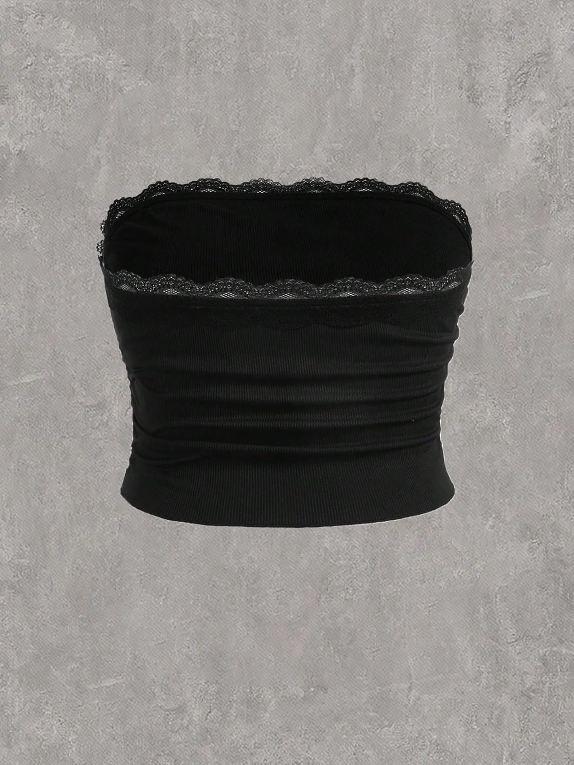 Floerns Women's 2 Pcs Plus Size Solid Strapless Lace Ruched Front Crop Tube Top - Image 6