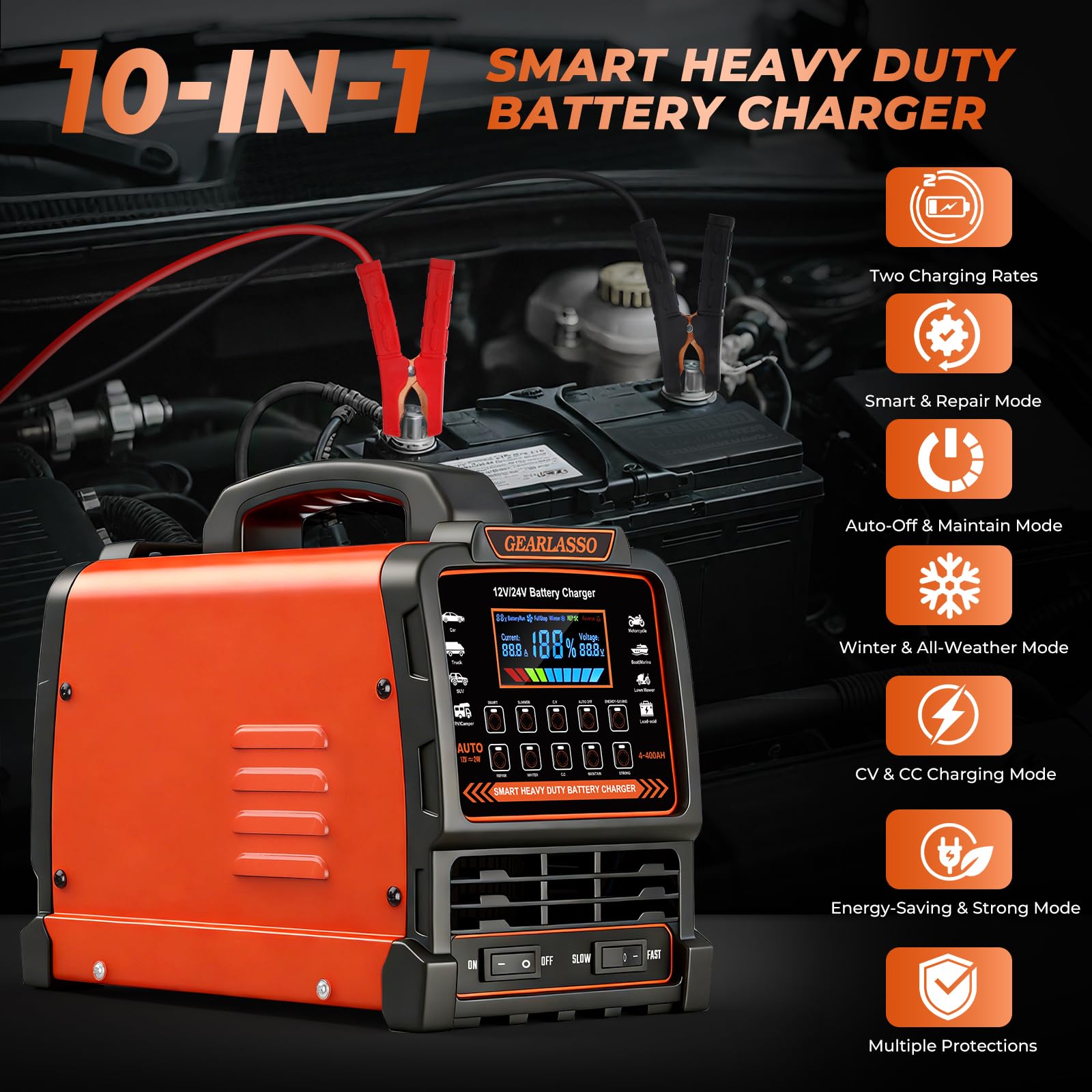 Chargeur de batterie de voiture 12 V 24 V très résistant, mainteneur de batterie automatique 0-15 A avec 10 modes, y compris les arrêts automatiques, la réparation, l'hiver, chargeur